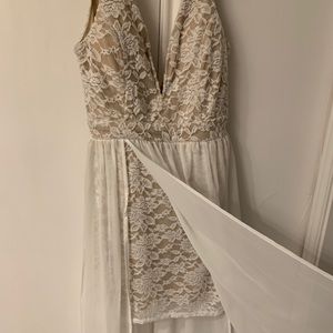 Floor length white and nude lace dress